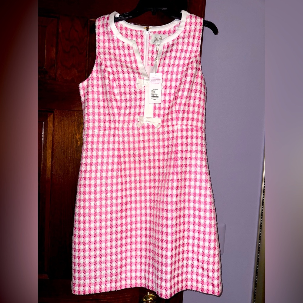NWT Lilly Pulitzer sz 10 Aria Boucle check shift dress Rousseau punk white bows